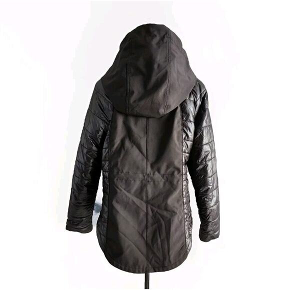 Women's GUESS Black Mixed Puffer softshell Hooded Zip Up Jacket Size L High Low - Picture 3 of 10